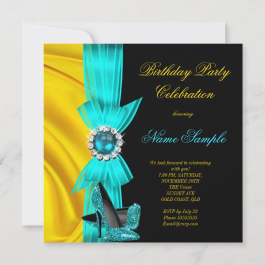 バースデーパーティーティール（緑がかった色）ブルーハイヒールイエローシルク2 招待状 (裏面)