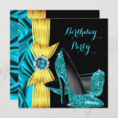 バースデーパーティーティール(緑がかった色)ブルーハイヒールイエローシルク 招待状 (正面/裏面)