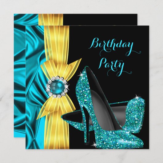 バースデーパーティーティール（緑がかった色）ブルーハイヒールイエローシルク 招待状 (正面/裏面)