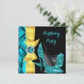 バースデーパーティーティール(緑がかった色)ブルーハイヒールイエローシルク 招待状 (スタンド正面)