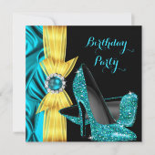 バースデーパーティーティール（緑がかった色）ブルーハイヒールイエローシルク 招待状 (正面)