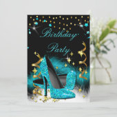 バースデーパーティーティール(緑がかった色)ブルーハイヒールスパークル 招待状 (スタンド正面)