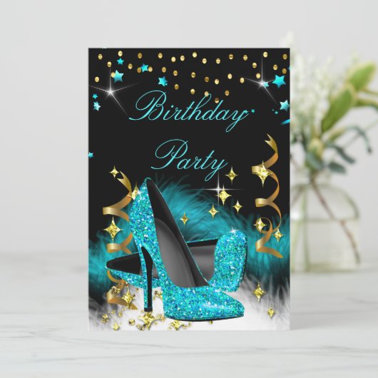 バースデーパーティーティール（緑がかった色）ブルーハイヒールスパークル 招待状 (スタンド正面)