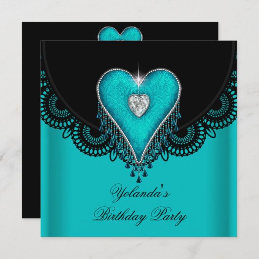 バースデーパーティーティール（緑がかった色）ブルーハートブラックレース 招待状 (正面/裏面)