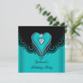 バースデーパーティーティール（緑がかった色）ブルーハートブラックレース 招待状 (スタンド正面)