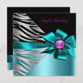 バースデーパーティーティール(緑がかった色)ブルーピンクシルバーゼブラブラック 招待状 (正面/裏面)