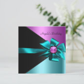 バースデーパーティーティール（緑がかった色）ブルーピンクブラック 招待状 (スタンド正面)