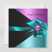 バースデーパーティーティール（緑がかった色）ブルーピンクブラック 招待状 (正面)