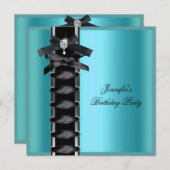 バースデーパーティーティール（緑がかった色）ブルーブラックダイヤモンドコルセットタイ 招待状 (正面/裏面)