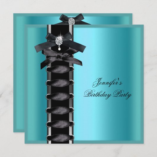 バースデーパーティーティール（緑がかった色）ブルーブラックダイヤモンドコルセットタイ 招待状 (正面/裏面)