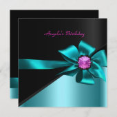 バースデーパーティーティール（緑がかった色）ブルーブラックピンクボウジュエル 招待状 (正面/裏面)