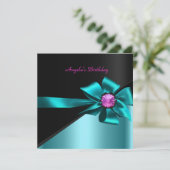 バースデーパーティーティール（緑がかった色）ブルーブラックピンクボウジュエル 招待状 (スタンド正面)