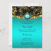 バースデーパーティーティール（緑がかった色）ブルーブラック金ゴールドダマスク 招待状 (裏面)