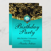 バースデーパーティーティール（緑がかった色）ブルーブラック金ゴールドダマスク 招待状 (正面/裏面)