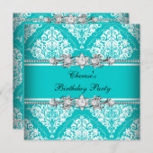 バースデーパーティーティール(緑がかった色)ブルーホワイトダマスクフローラ 招待状 (正面/裏面)