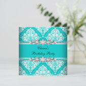 バースデーパーティーティール(緑がかった色)ブルーホワイトダマスクフローラ 招待状 (スタンド正面)