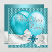 バースデーパーティーティール(緑がかった色)ブルーホワイトボウバルーン 招待状 (正面/裏面)