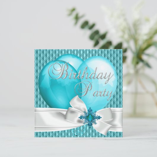 バースデーパーティーティール(緑がかった色)ブルーホワイトボウバルーン 招待状 (スタンド正面)