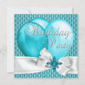 バースデーパーティーティール（緑がかった色）ブルーホワイトボウバルーン 招待状 (正面)