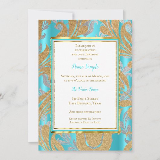 バースデーパーティーティール（緑がかった色）ブルー金ゴールドダマスクグレーティアラ 招待状 (裏面)