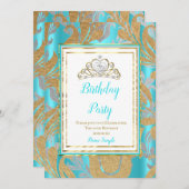 バースデーパーティーティール（緑がかった色）ブルー金ゴールドダマスクグレーティアラ 招待状 (正面/裏面)
