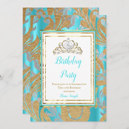 バースデーパーティーティール（緑がかった色）ブルー金ゴールドダマスクグレーティアラ 招待状 (正面/裏面)