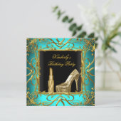 バースデーパーティーティール（緑がかった色）ブルー金ゴールドブラックシューリップスティック 招待状 (スタンド正面)