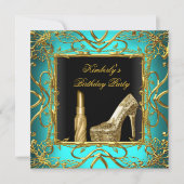 バースデーパーティーティール（緑がかった色）ブルー金ゴールドブラックシューリップスティック 招待状 (正面)