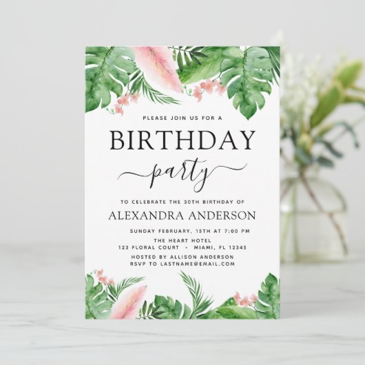バースデーパーティートロピカルパームフローラ水彩 招待状 (スタンド正面)