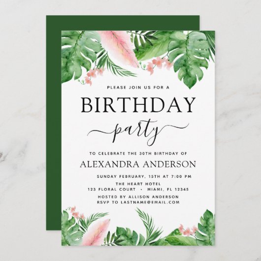 バースデーパーティートロピカルパームフローラ水彩 招待状 (正面/裏面)