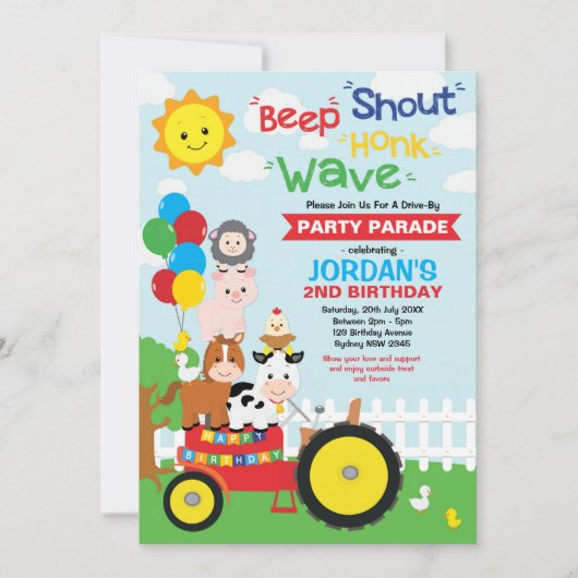 バースデーパーティードパレードの動物をドライブ 招待状 (正面)