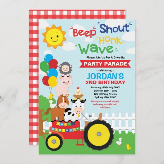 バースデーパーティードパレードの動物をドライブ 招待状 (正面/裏面)