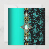 バースデーパーティードマスクティール（緑がかった色）グリーンブルー金ゴールドブラック 招待状 (裏面)