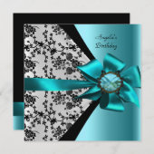 バースデーパーティードマスクティール（緑がかった色）ブルーブラックボウジュエル 招待状 (正面/裏面)