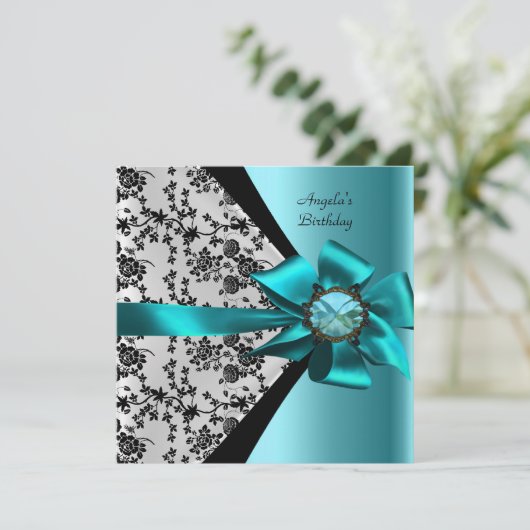 バースデーパーティードマスクティール（緑がかった色）ブルーブラックボウジュエル 招待状 (スタンド正面)