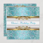 バースデーパーティードマスクティール（緑がかった色）ブルー金ゴールドホワイトダイヤモンド 招待状 (正面/裏面)