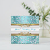 バースデーパーティードマスクティール（緑がかった色）ブルー金ゴールドホワイトダイヤモンド 招待状 (スタンド正面)