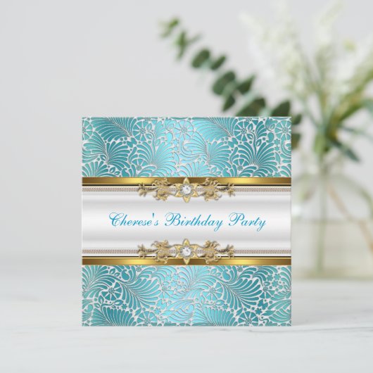 バースデーパーティードマスクティール（緑がかった色）ブルー金ゴールドホワイトダイヤモンド 招待状 (スタンド正面)