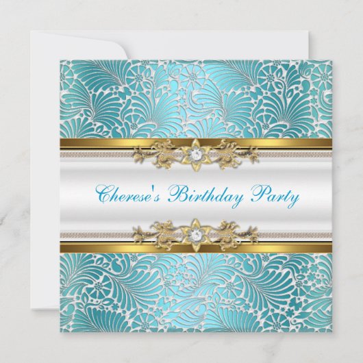 バースデーパーティードマスクティール（緑がかった色）ブルー金ゴールドホワイトダイヤモンド 招待状 (正面)