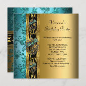 バースデーパーティードマスクティール（緑がかった色）ブルー金ゴールド2 招待状 (正面/裏面)