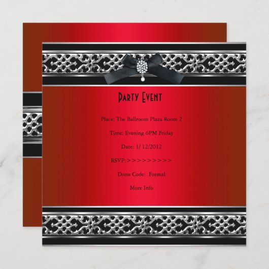 バースデーパーティードレッドエレガントブラックダイヤモンドジュエル 招待状 (正面/裏面)
