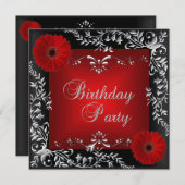 バースデーパーティードレッドシルバーフローラブラック 招待状 (正面/裏面)