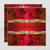 バースデーパーティードレッドダマスク金ゴールドブラック 招待状 (正面/裏面)