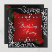バースデーパーティードレッドローズシルバーフローラブラック 招待状 (正面/裏面)
