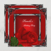 バースデーパーティードレッドローズシルバーブラック 招待状 (正面/裏面)