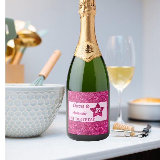 バースデーパーティーナイトピンクグリッター女性 スパークリングワインラベル