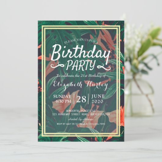 バースデーパーティーハワイアン熱帯フローラ金ゴールドフレーム 招待状 (スタンド正面)