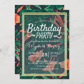 バースデーパーティーハワイアン熱帯フローラ金ゴールドフレーム 招待状 (正面/裏面)