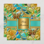 バースデーパーティーバタフライアクアブルーモザイク 招待状 (正面/裏面)