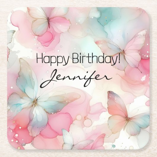 バースデーパーティーバタフライコースター スクエアペーパーコースター (正面)